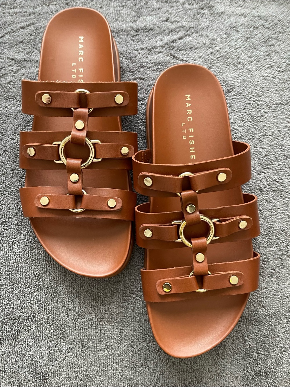 Marc Fisher Tan Triple-Strap Slide Sandals with Gold Rings